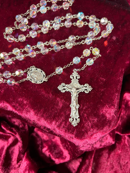Vintage Jewelry - Italian Rosary - Sterling Silver - Aurora Borealis Faceted Beads - 20.25”