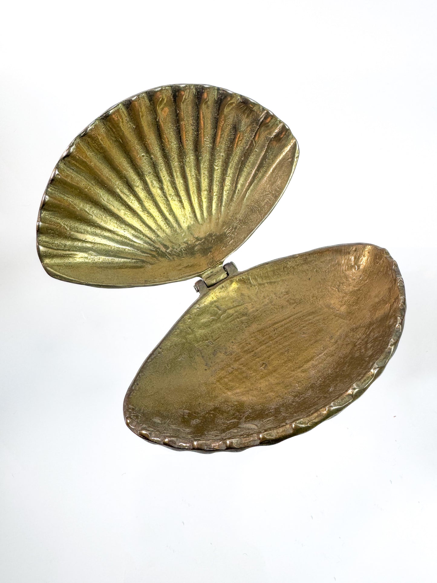 Vintage Solid Brass Trinket Dish - Clam Shell Shaped Hinged Box