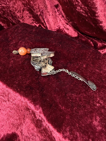 Antique Sterling Silver Needle Case Pendant Chatelaine – Carnelian Bead Late Qing Dynasty Style