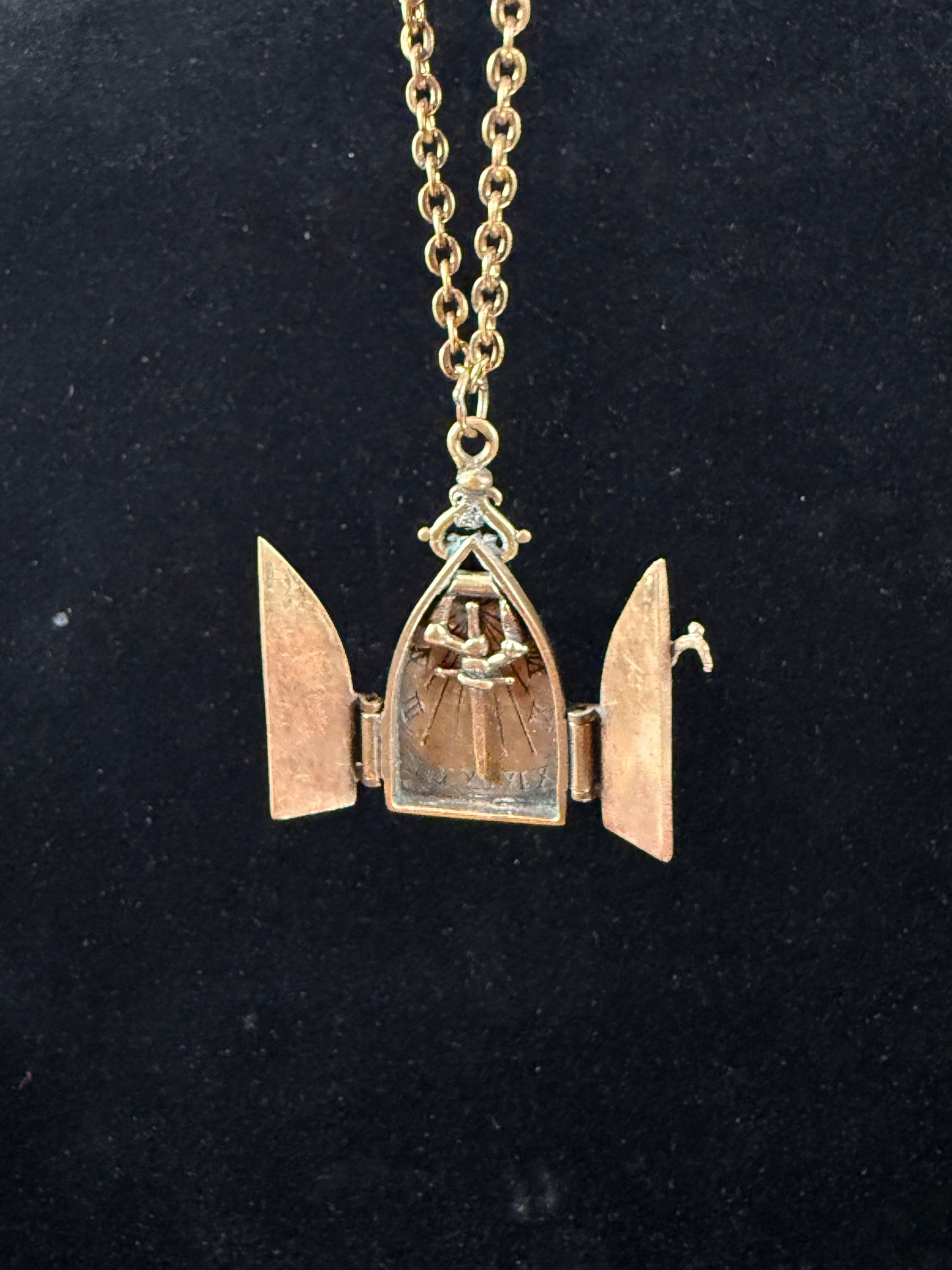 Vintage Jewelry - Brass Gothic Locket - Hinged Doors with Sword Against Time