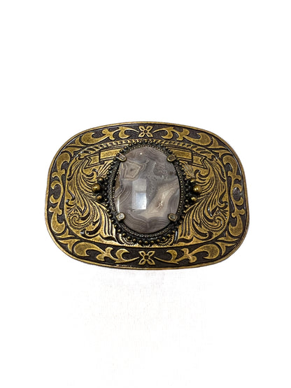Vintage Accessories - Belt Buckle - Brass - Western Style Floral Filigree - Polished Center Stone