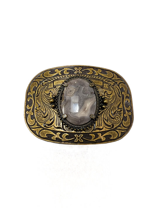 Vintage Accessories - Belt Buckle - Brass - Western Style Floral Filigree - Polished Center Stone