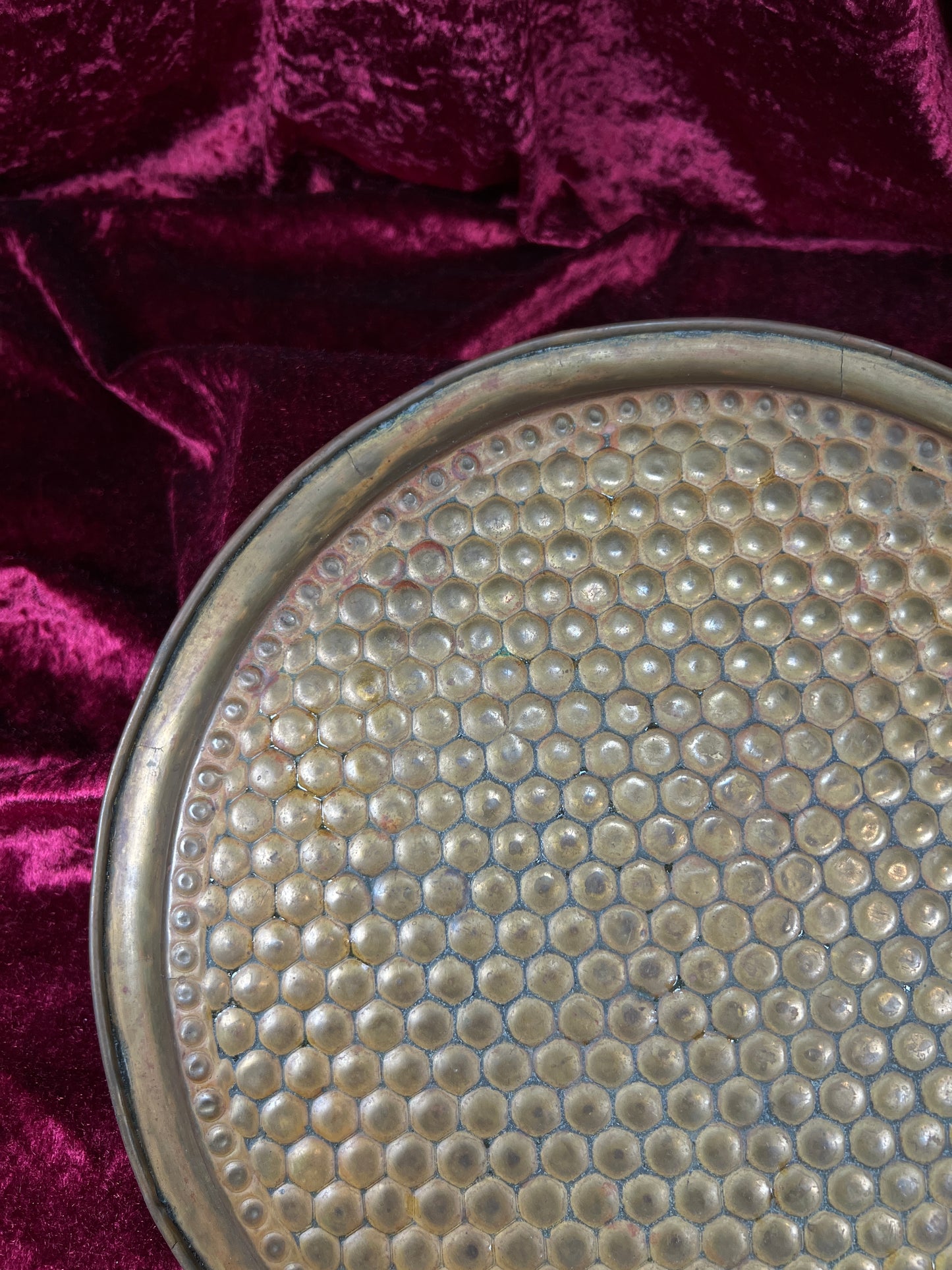Vintage Brass Tray - Hammered Honeycomb Pattern Round Serving Platter