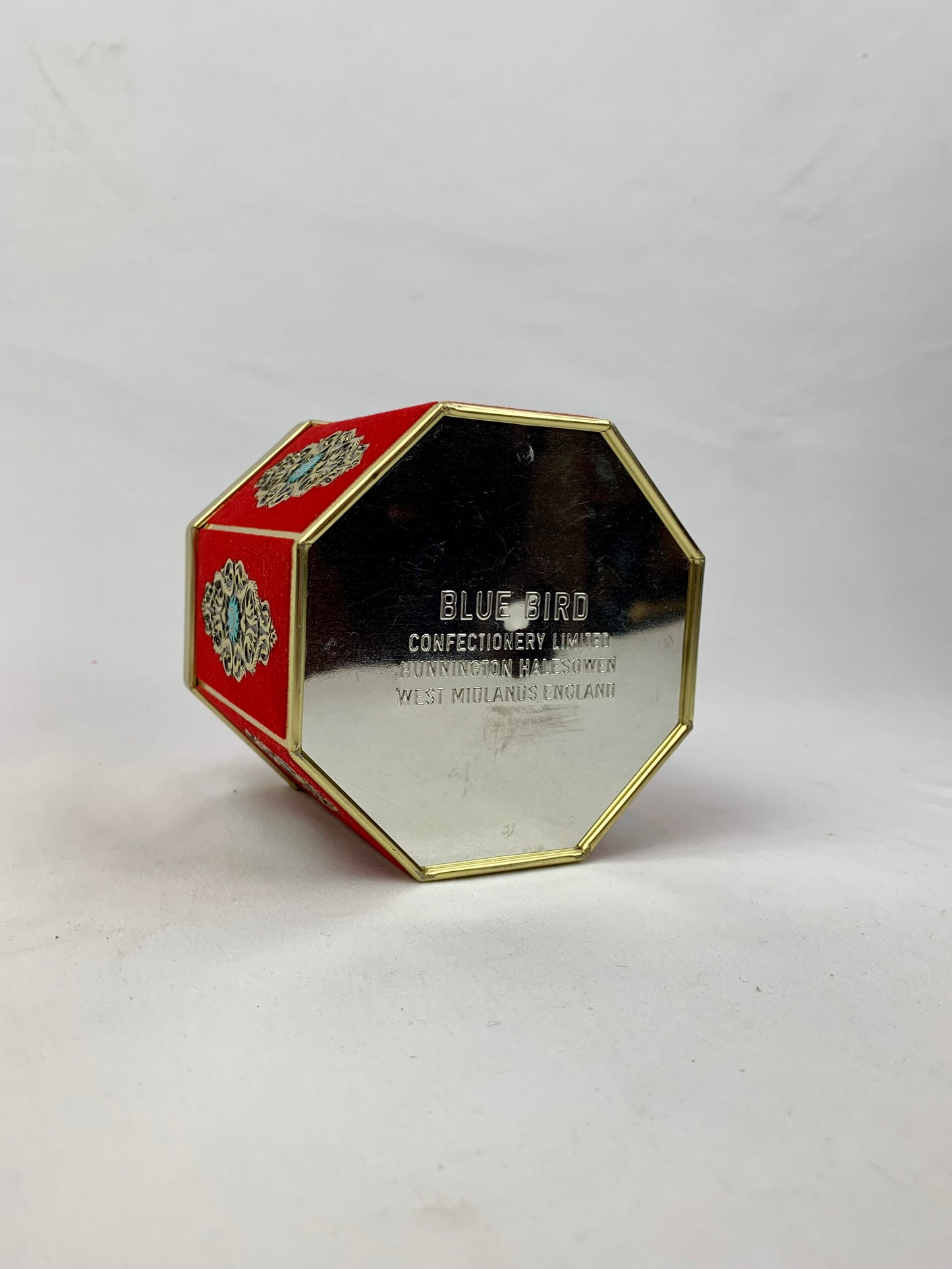 Vintage Blue Bird Confectionery Dark Academia Red Velvet Octagonal Tin - Gold and Turquoise Accents