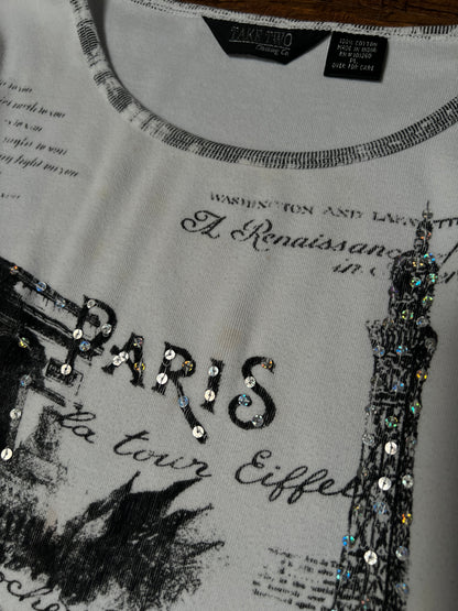 Vintage Take Two Cotton Graphic Top — Paris Eiffel Tower Sequin Print - Size Large