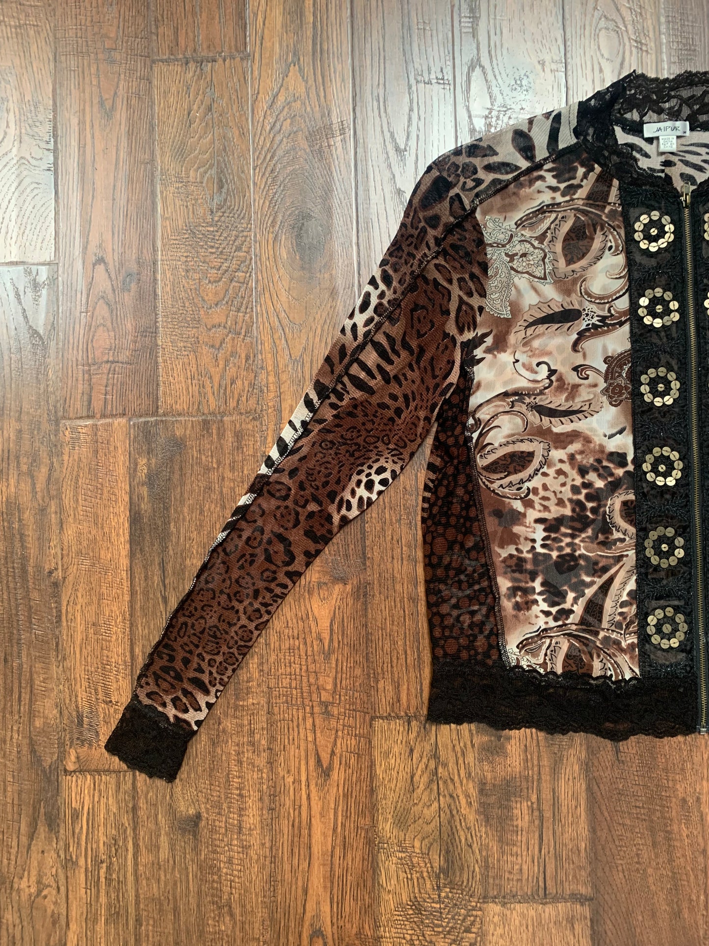 Vintage Clothing - Y2K Mesh Zip Up Sweatshirt - Leopard Print and Black Lace - Jaipur - Medium