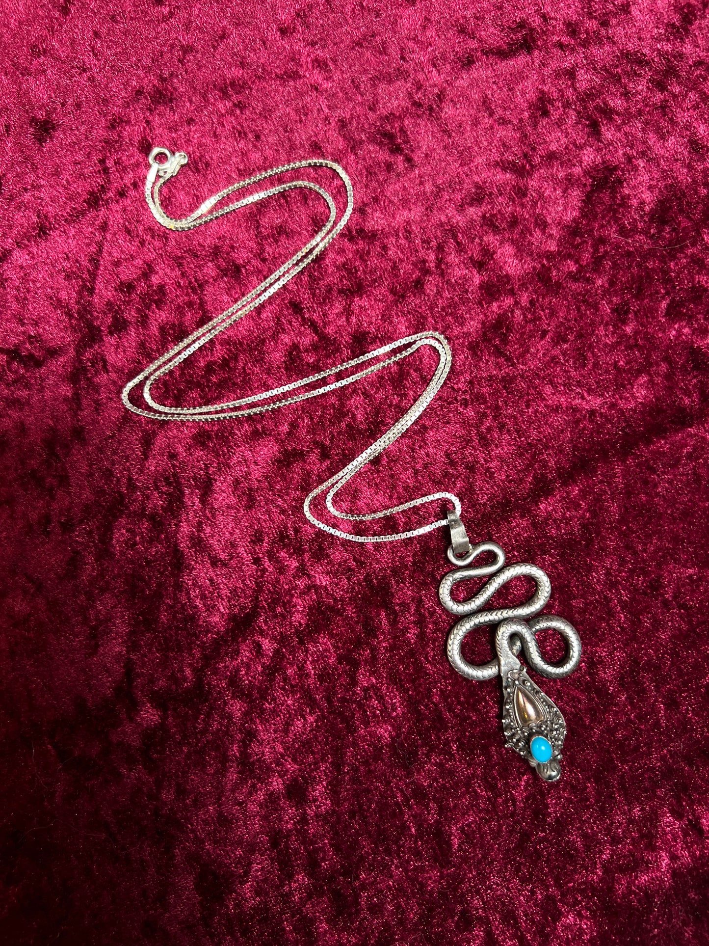 Vintage 925 Sterling Silver Snake Necklace – Turquoise Accent Serpent Pendant