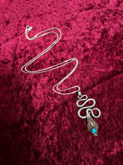 Vintage 925 Sterling Silver Snake Necklace – Turquoise Accent Serpent Pendant