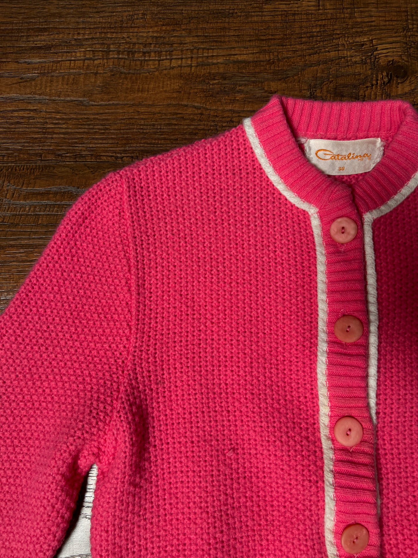 Vintage Catalina Knit Cardigan - Bubblegum Pink White Trim Button Front Sweater - Small