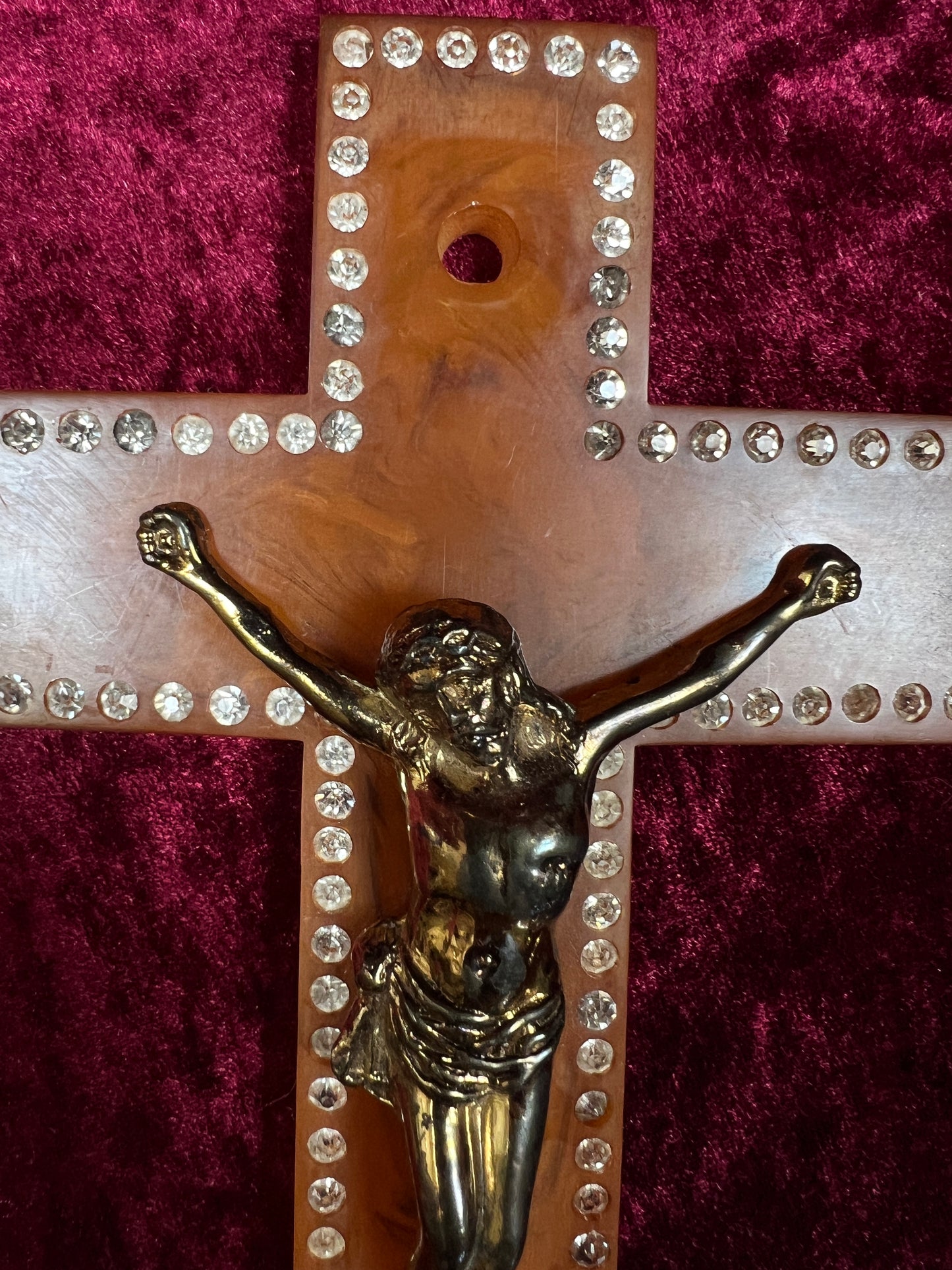 Vintage Bakelite Crucifix Cross - Butterscotch Swirl Rhinestone Religious Wall Hanging