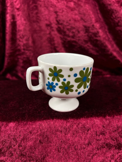Vintage 1970s Pedestal Mug & Saucer Mismatched Set - Groovy Blue Green Daisies