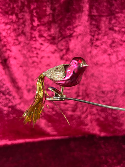 Vintage Christmas - Glass Clip-On Ornament - Burgundy Cardinal with Gold Tinsel Tail - German