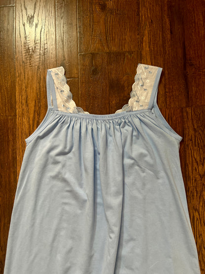 Vintage Blue Cotton Blend Nightgown - Embroidered Lace Yoke - Anthony Richards