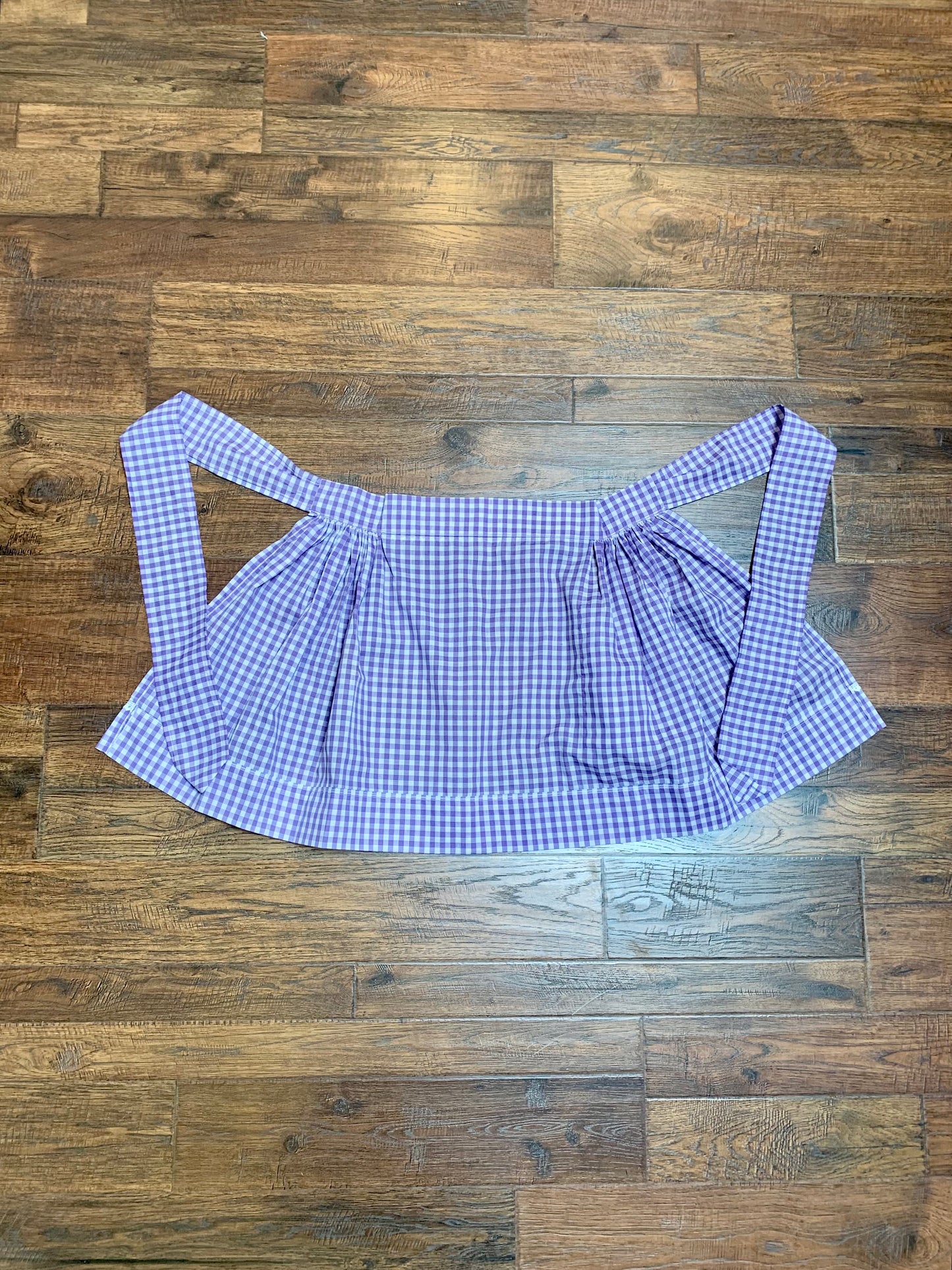 Vintage Lilac & Periwinkle Gingham Half Apron with Lace Detail