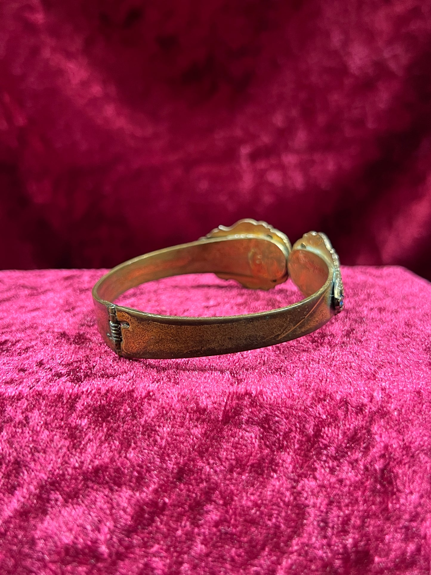 Vintage Jewelry - Hinged Bangle Bracelet - Multicolor Rhinestones in Ornate Brass Setting