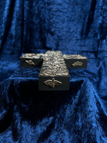 Vintage Wall Hanging Crucifix Cross – Milagro Silver Sacred Heart Folk Art Collage