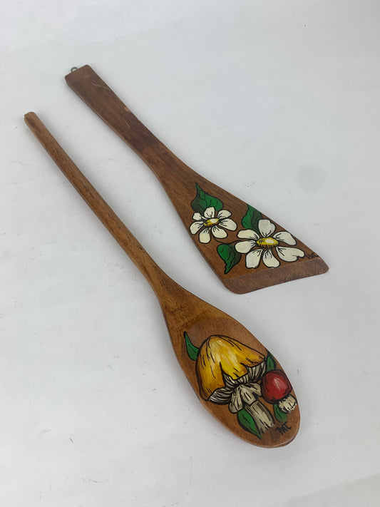 Vintage Wood Spatula & Spoon Wall Art - Handpainted Mushrooms / Strawberry Blooms