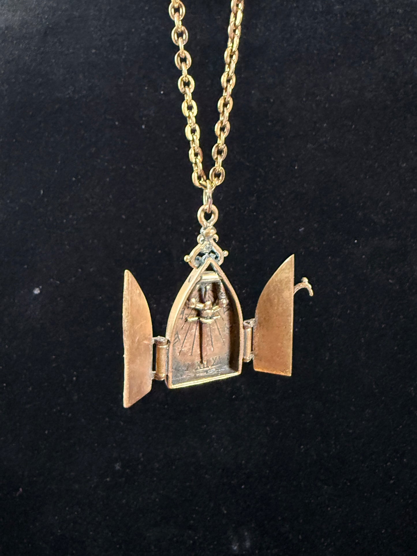 Vintage Jewelry - Brass Gothic Locket - Hinged Doors with Sword Against Time