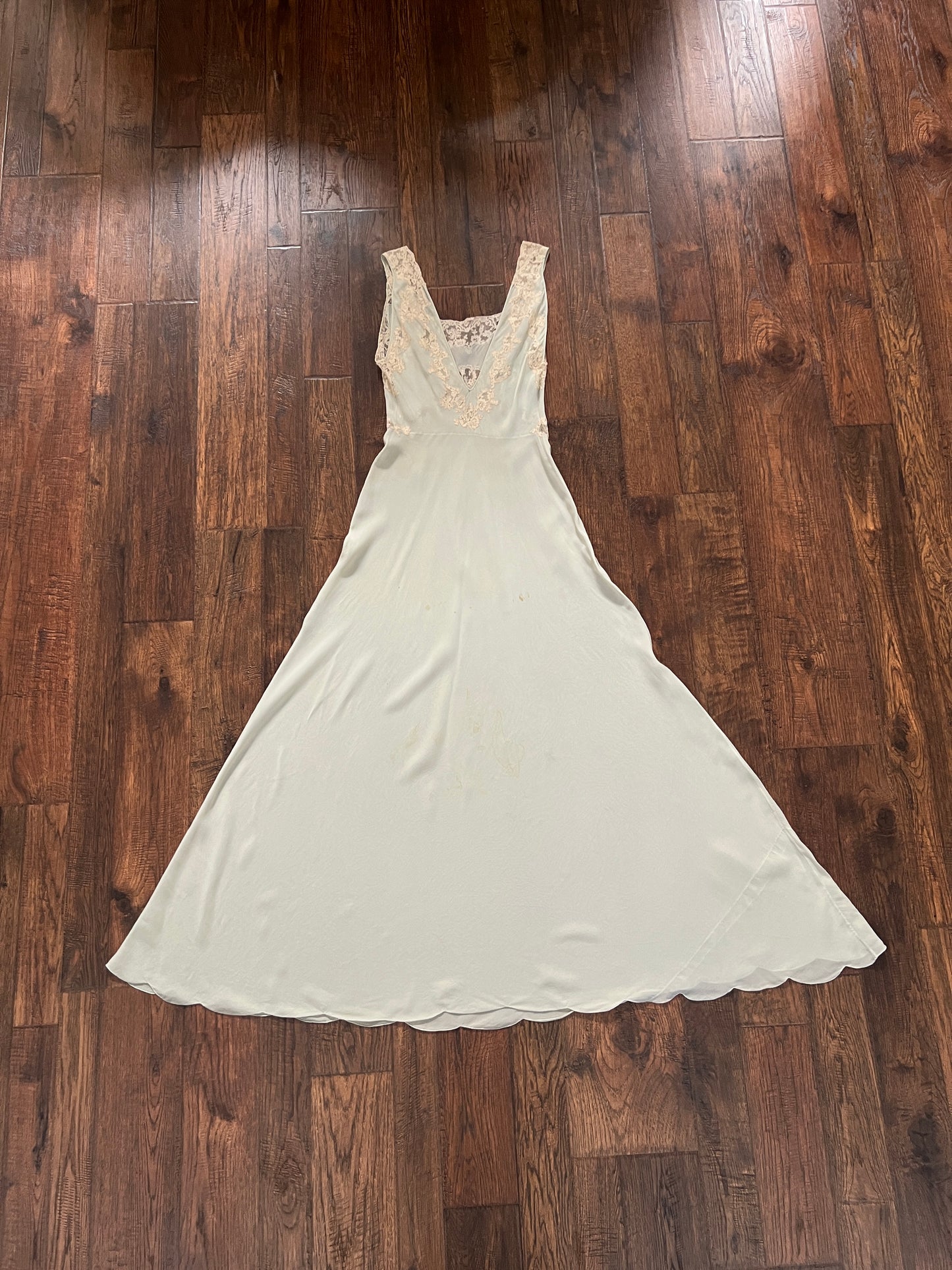 Vintage 1940s Bias Cut Slip Dress - Seafoam Green Lace Nightgown - Medium