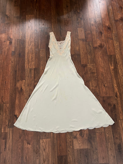 Vintage 1940s Bias Cut Slip Dress - Seafoam Green Lace Nightgown - Medium
