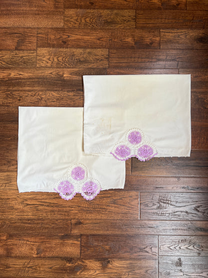 Vintage Linens - Pair of Embroidered Pillowcases - Purple Crochet Doilies