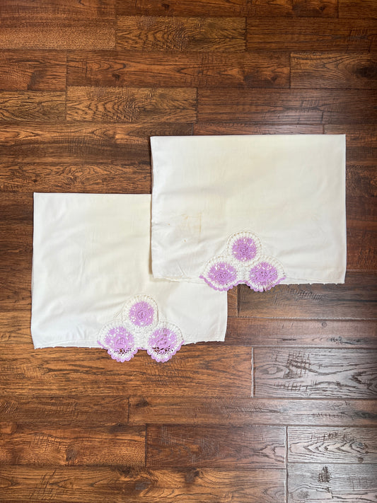 Vintage Linens - Pair of Embroidered Pillowcases - Purple Crochet Doilies