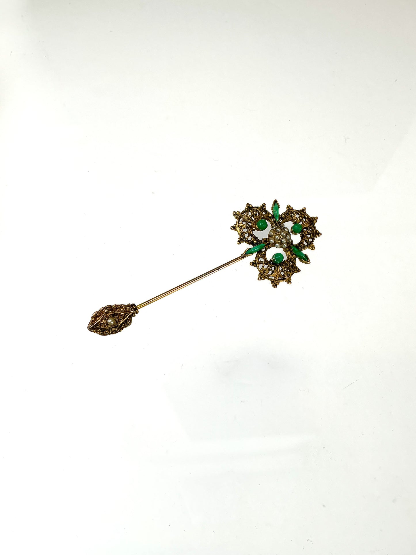 Vintage Stick Pin - Ornate Gold Tone with Green Faux Stones