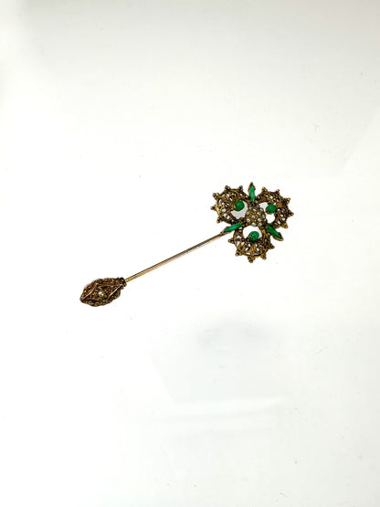 Vintage Stick Pin - Ornate Gold Tone with Green Faux Stones