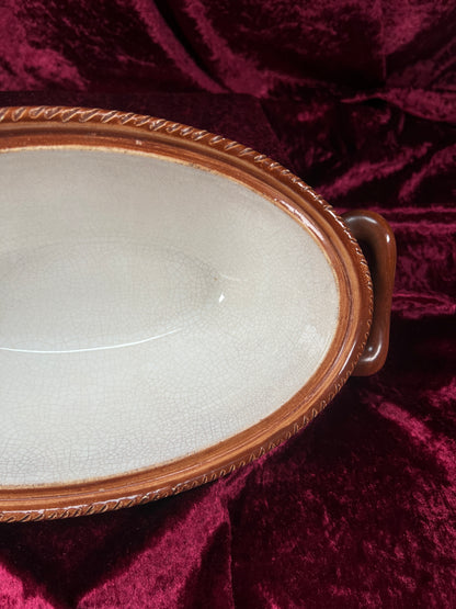 Vintage Ceramic Covered Casserole Dish - Majolica Mushroom Lid Basketweave Belgium Tellurite