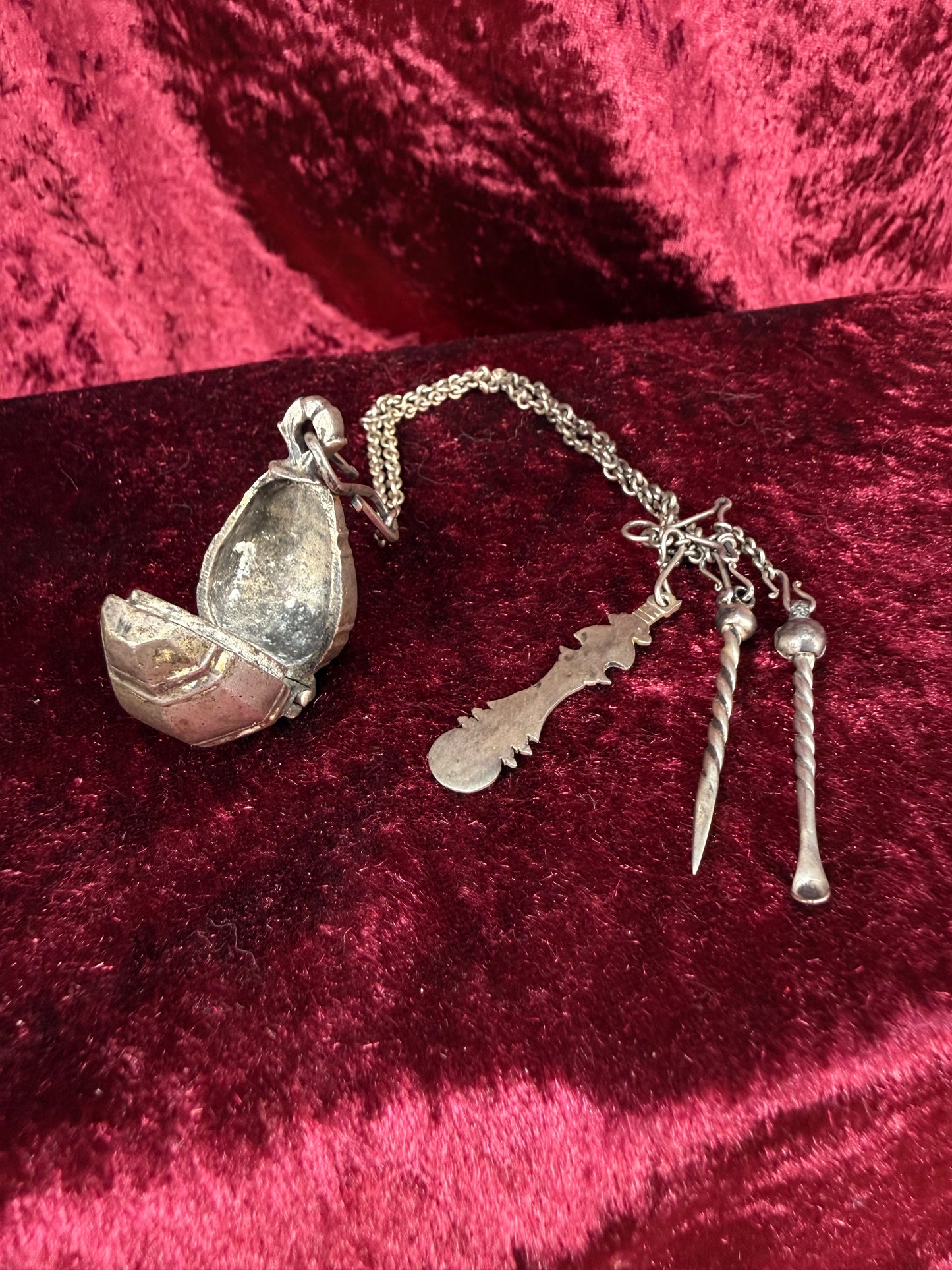 Antique Silver Opium Chatelaine – Flower Topped Picks with Locket Ball - Late Qing Dynasty