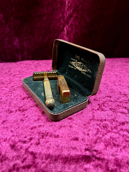 Vintage Gold Tone Brass Safety Razor – Gillette Travel Shaving Set with Case