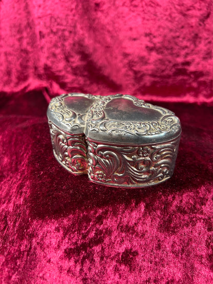 Vintage Jewelry Box - Antique Silver Patina - Double Hearts with Floral Filigree - Red Velvet Lining