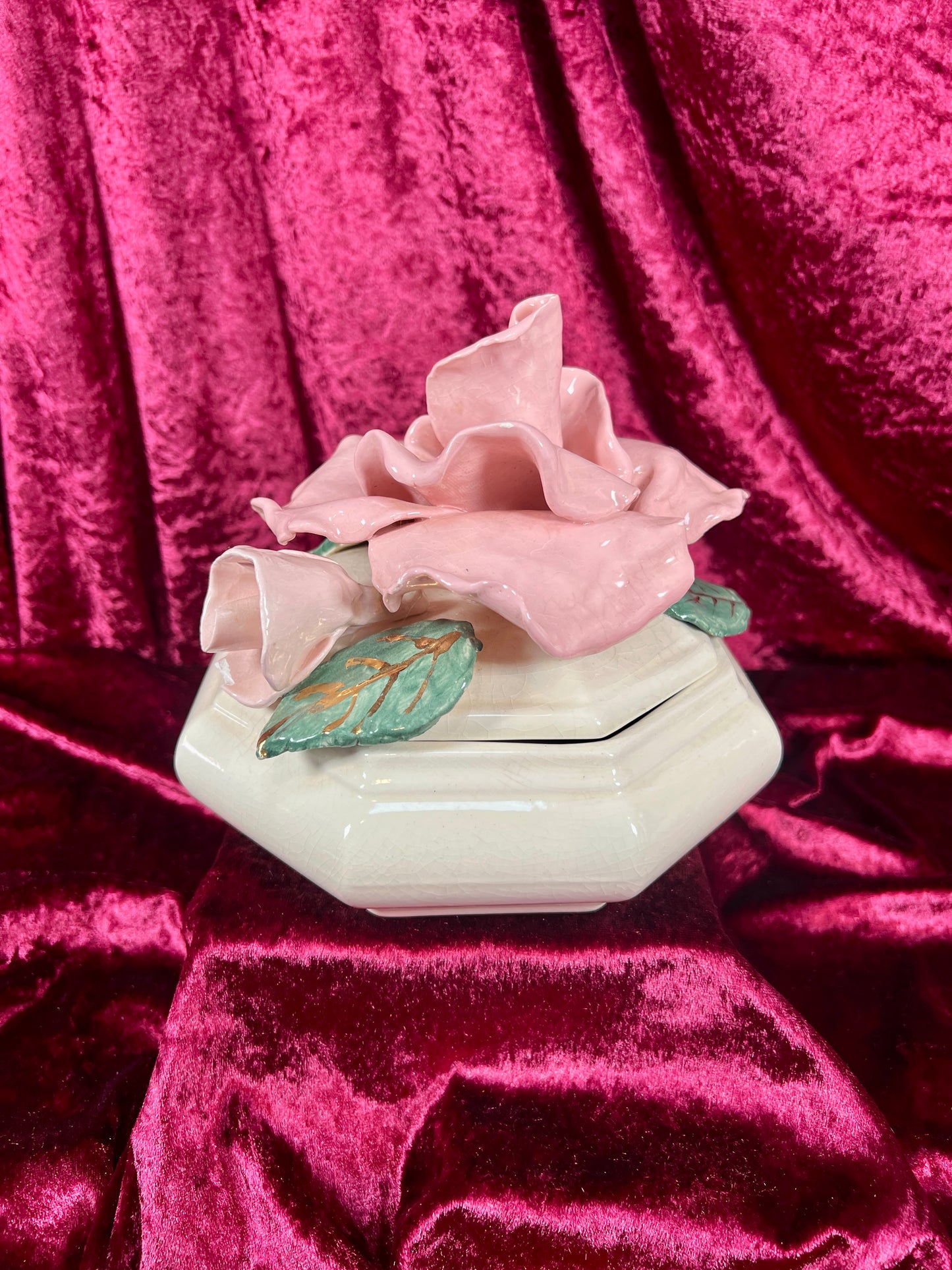 Vintage Trinket Dish - Ceramic - Giant Pink Rose - Chipped