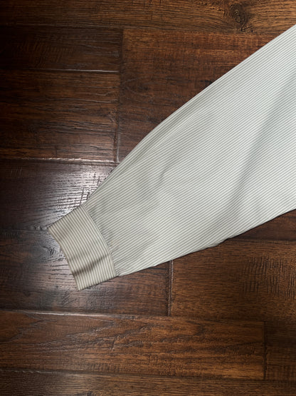 Vintage Koret Francisca Cotton Blend Blouse – Green Pinstripe Floral Embroidery – Medium