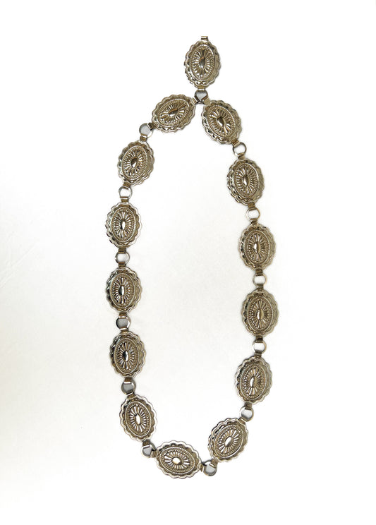 Vintage Waist Belt - Silver Metal - Stamped Concho Medallions - 36”