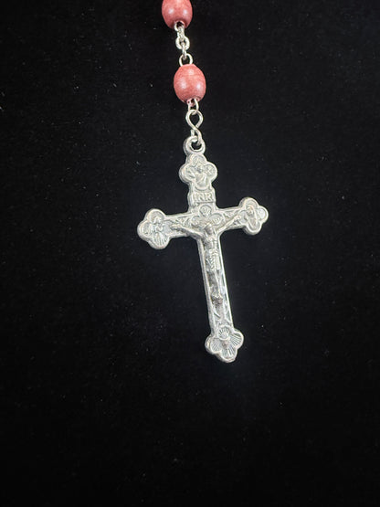 Vintage Wood Bead Catholic Rosary - Red Stained Beads with Ornate Crucifix