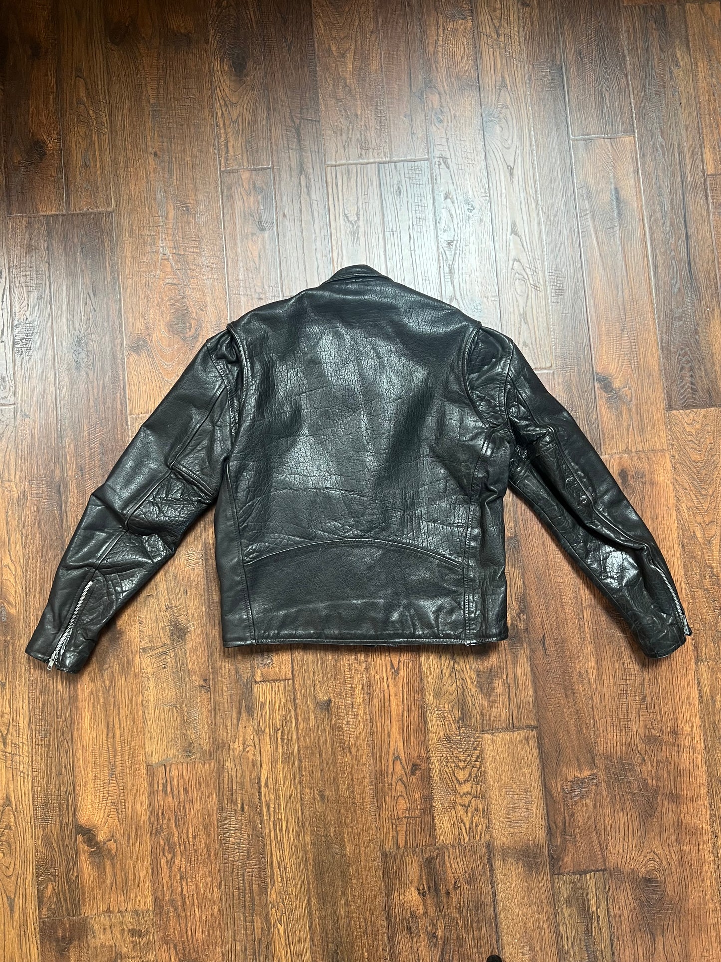 Vintage Clothing - Biker Jacket - First Genuine Leather - Black with Silver Hardware - Large