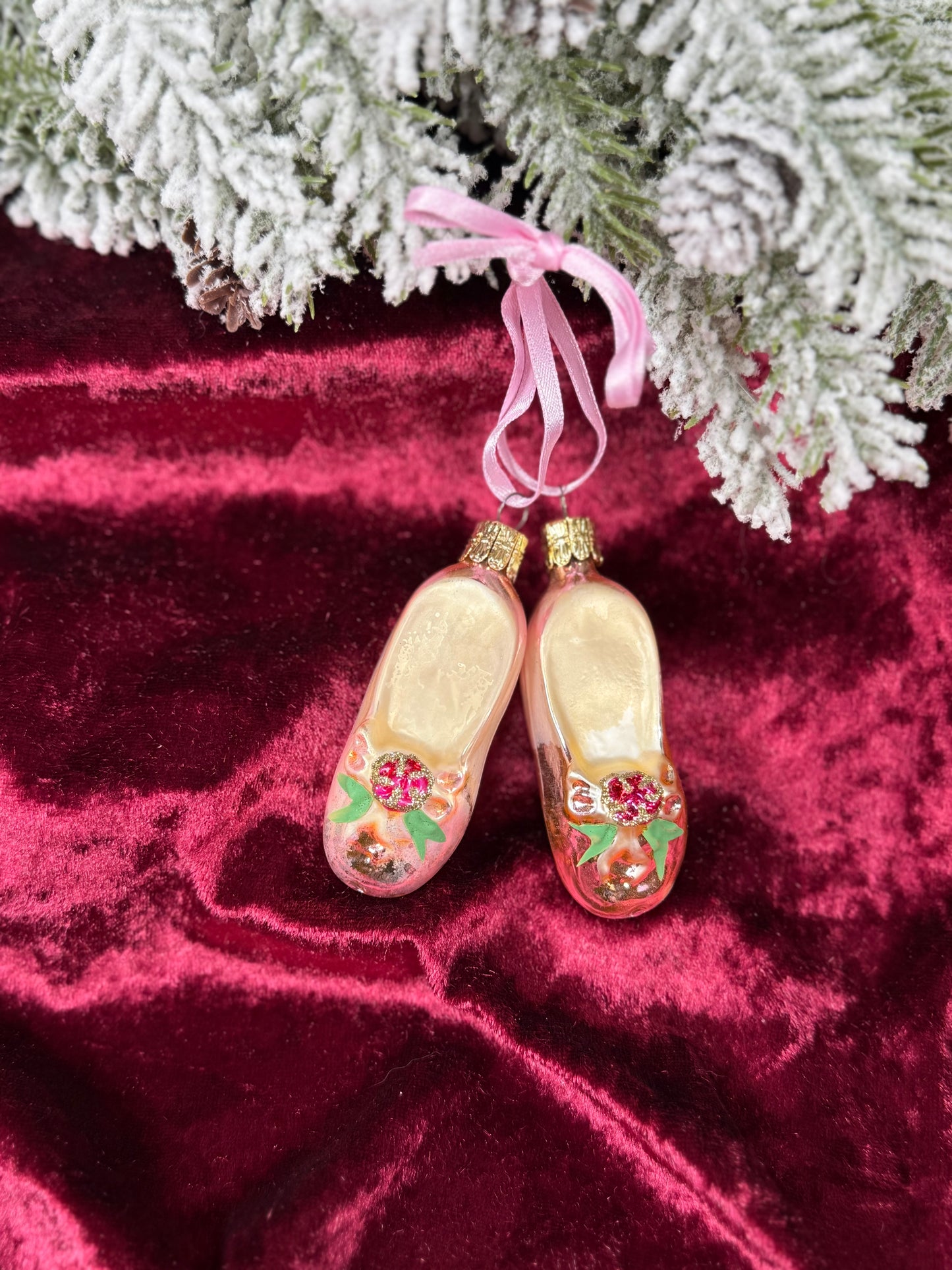 Vintage Christmas - Handblown Glass Ornament - Pink Ballet Slippers - Home For The Holidays