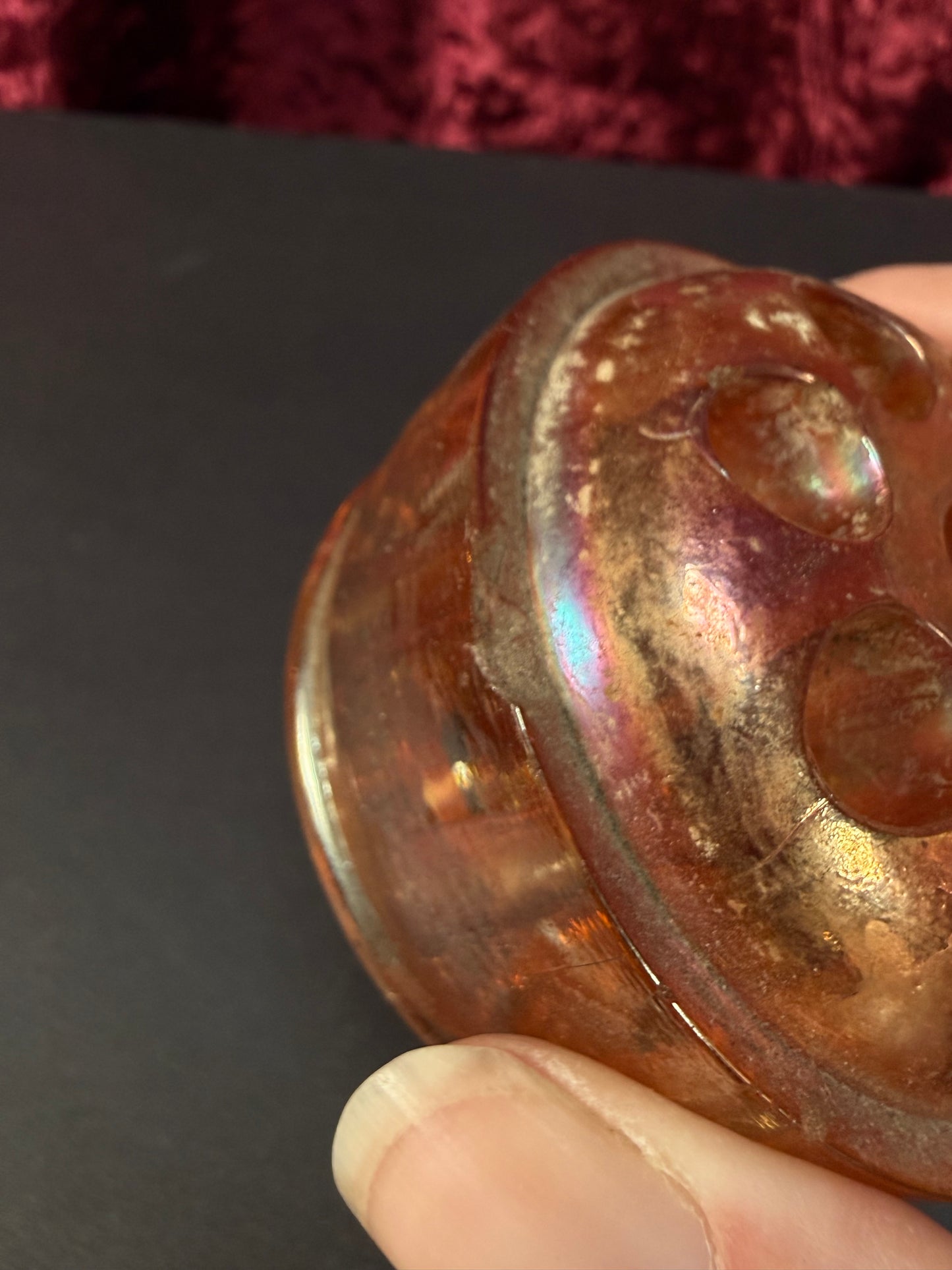 Vintage Carnival Glass Flower Frog – Marigold Iridescent Dome