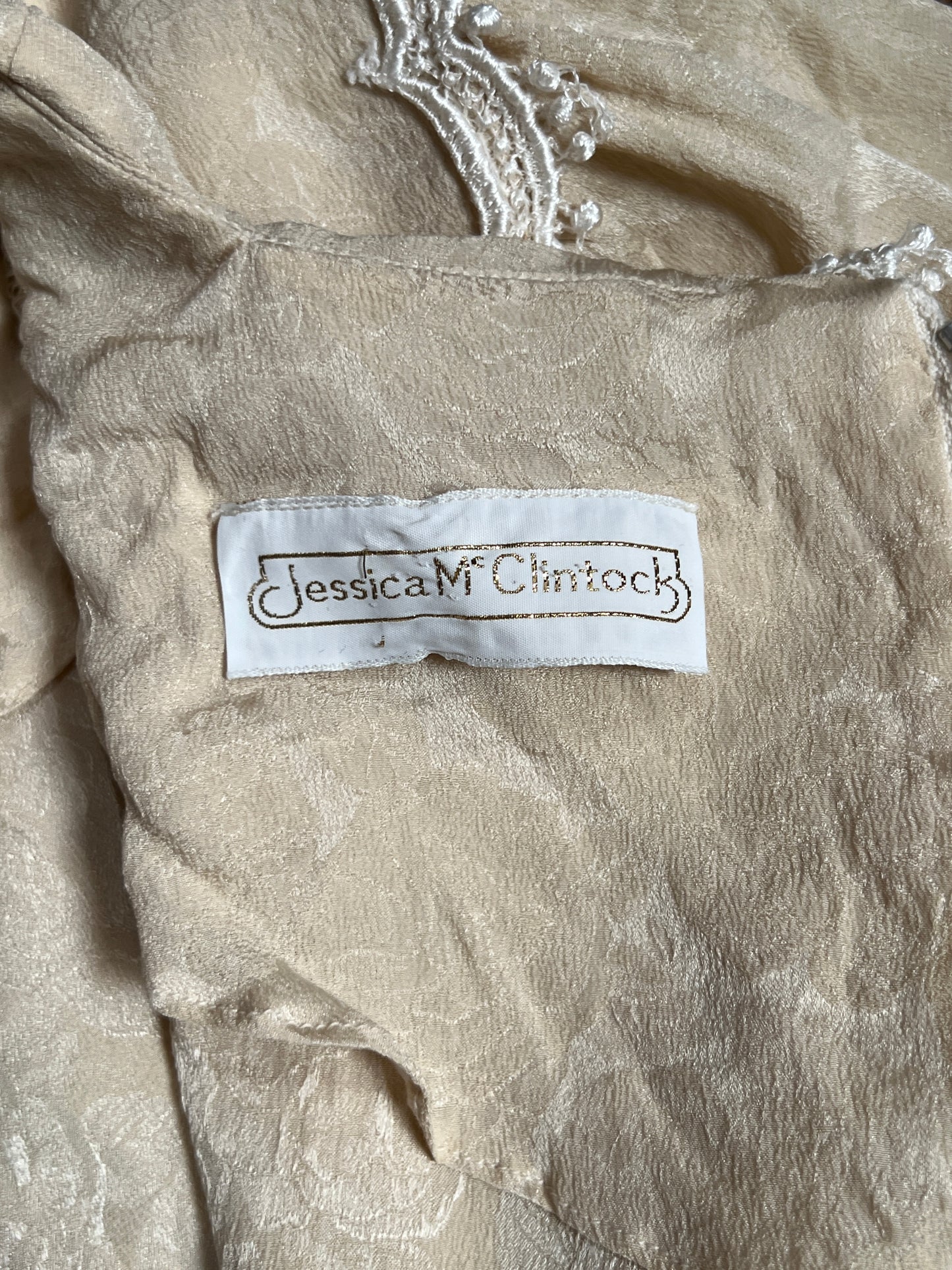 Vintage Clothing - Edwardian Revival Silk Jacquard Dress - Beige Floral Pattern with Lace Trim - Medium - Jessica McClintock