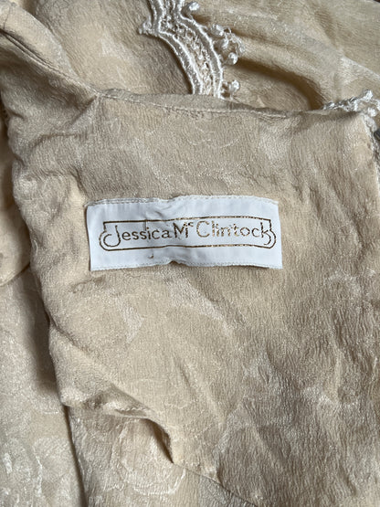 Vintage Clothing - Edwardian Revival Silk Jacquard Dress - Beige Floral Pattern with Lace Trim - Medium - Jessica McClintock