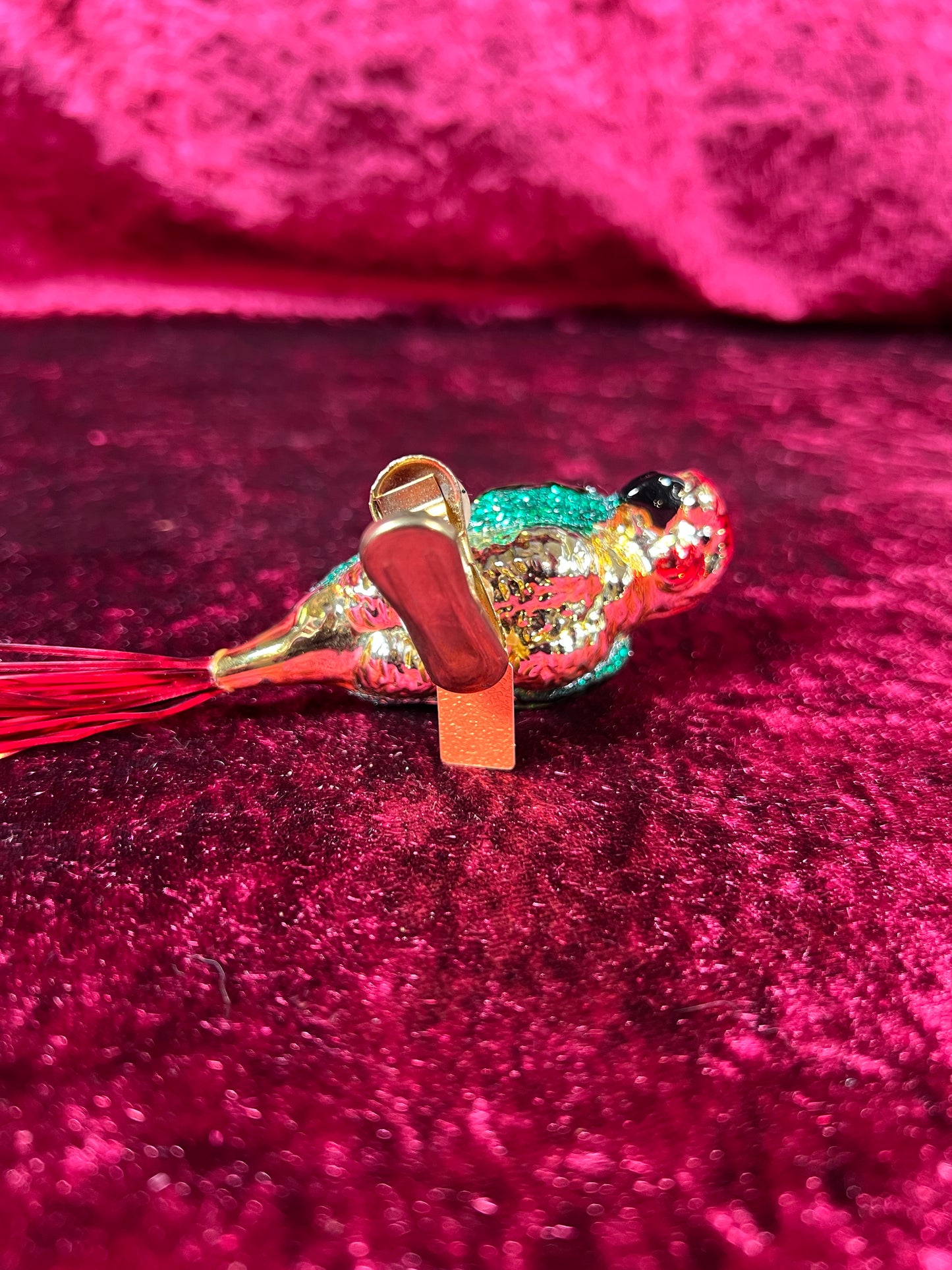 Vintage Christmas - Glass Clip-On Ornament - Rainbow Macaw Parrot with Tinsel Tail - Made In Germany