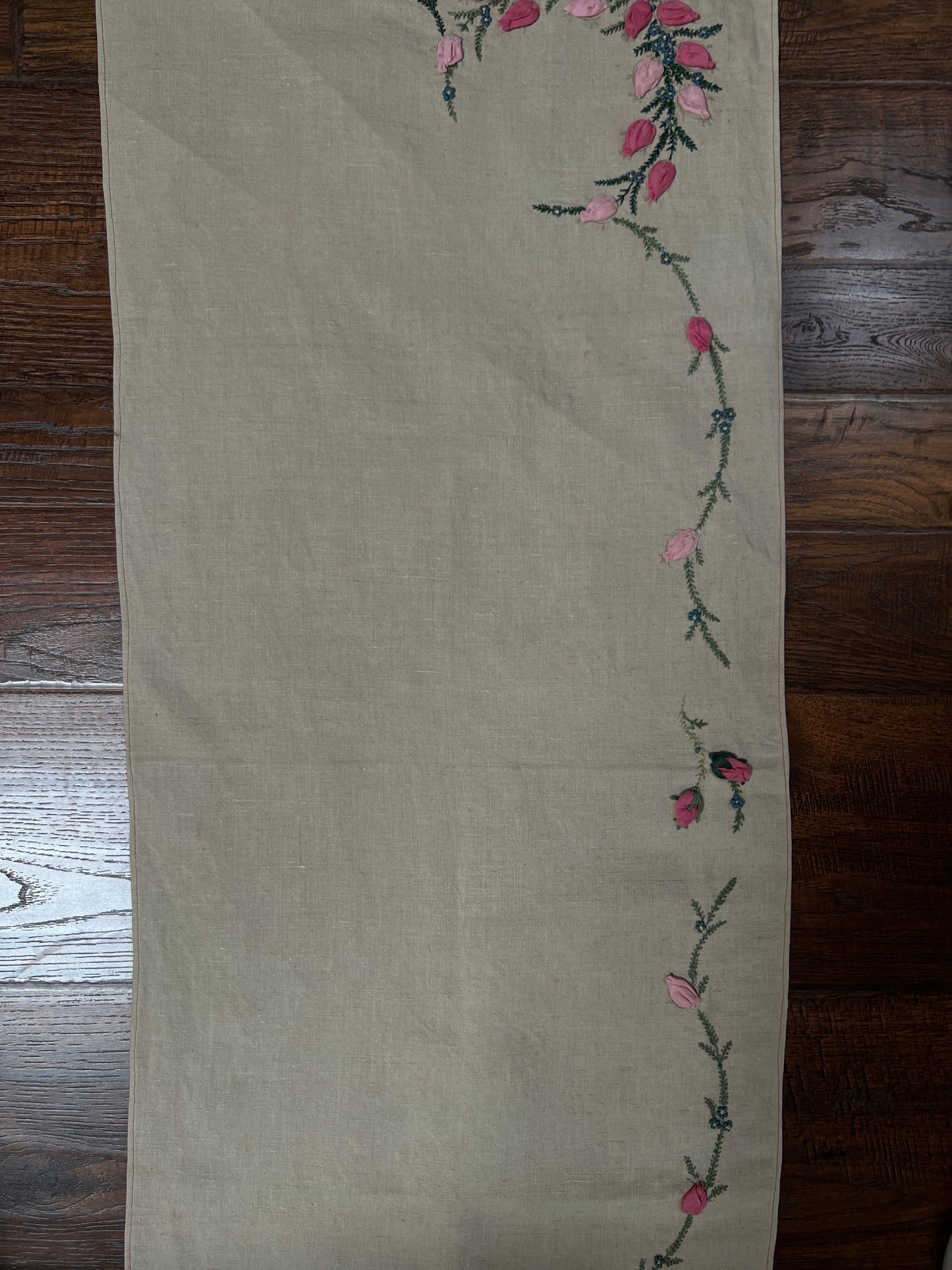 Vintage Rectangular Linen Table Runner - Hand Embroidered Puffy Pink Rosebud Vine