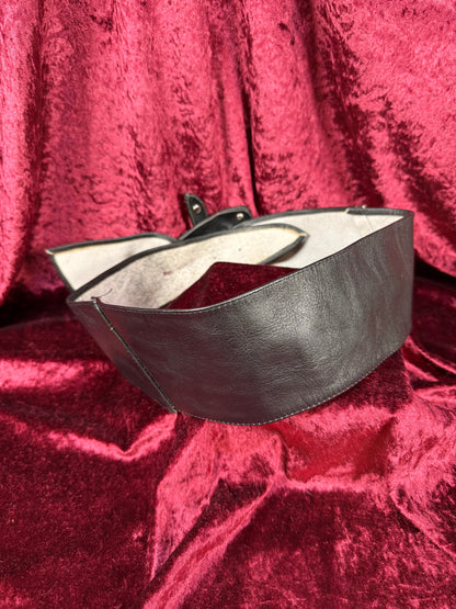 Vintage 1980s Black Leather Belt – Rhinestone Studded Sculptural Buckle Statement