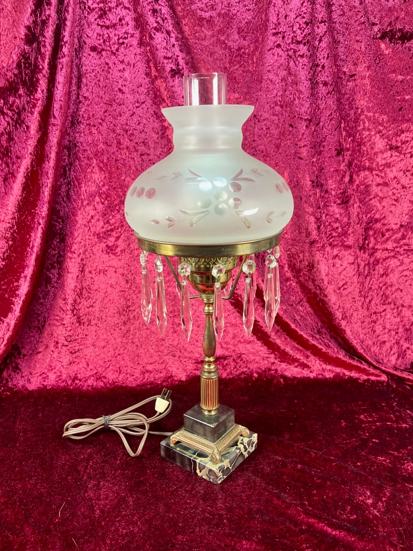 Antique Marble and Brass Sinumbra Style Hurricane Lamp – Frosted Glass Shade with Crystal Prisms