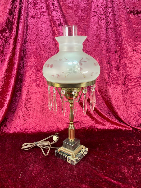 Antique Marble and Brass Sinumbra Style Hurricane Lamp – Frosted Glass Shade with Crystal Prisms