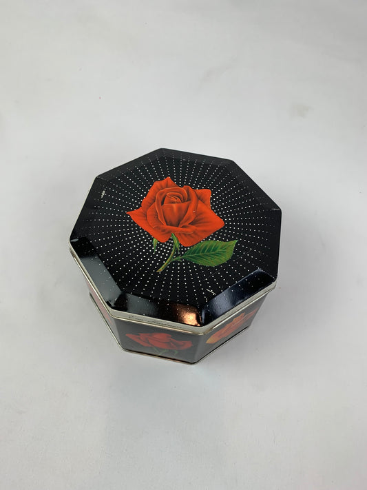 Vintage 1980s Decorative Black & White Octagonal Tin with Romantic Roses