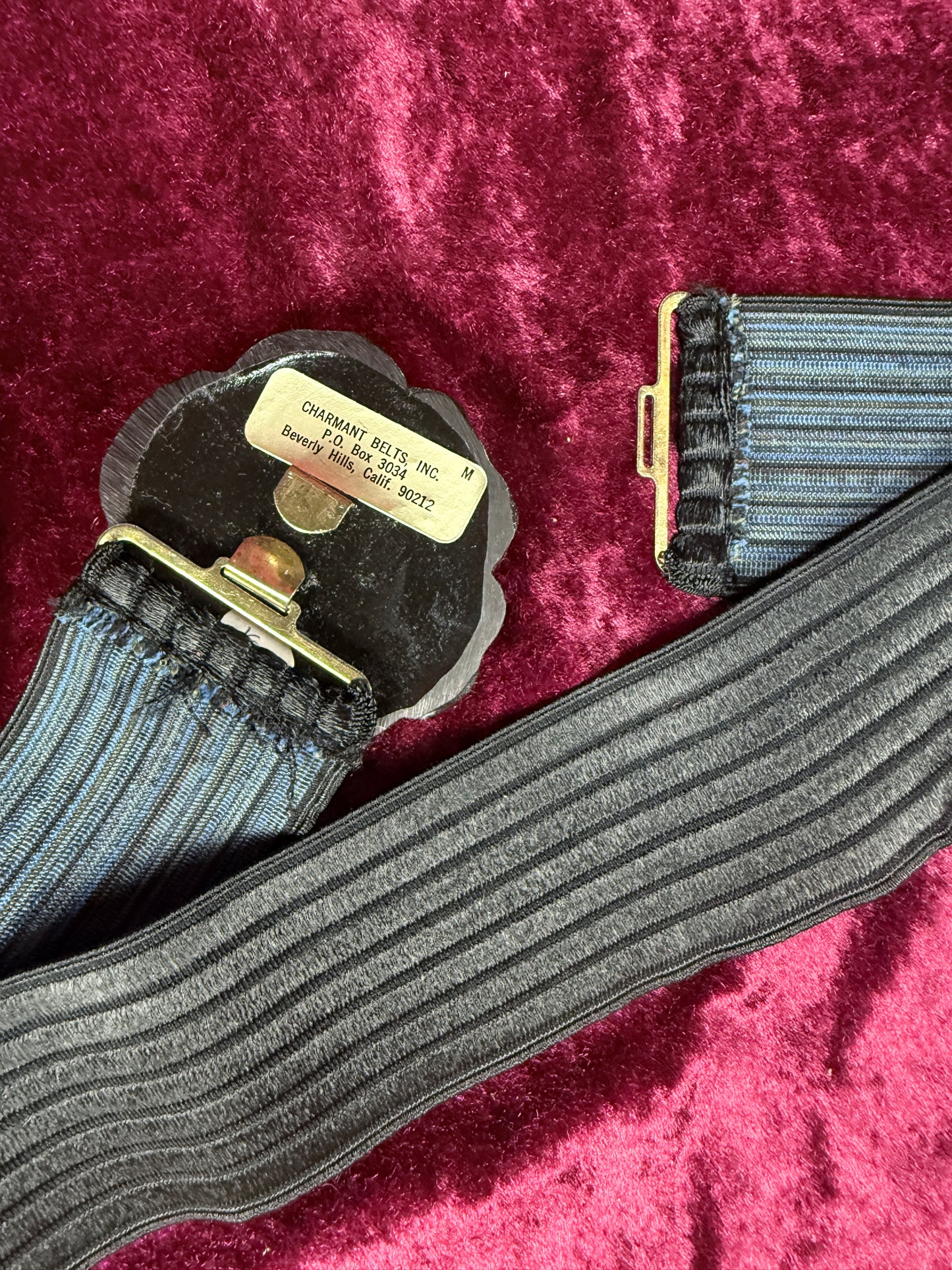 Vintage Elastic Waist Belt - Black Rose Statement Buckle - Charmant Belts California