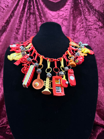 Vintage 1980s Plastic Chain Charm Necklace - 17 Bell Charms - Red Orange Yellow