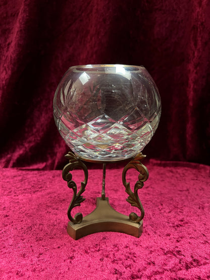 Vintage Cut Crystal Candle Holder - Rose Globe on Ornate Brass Pedestal Stand